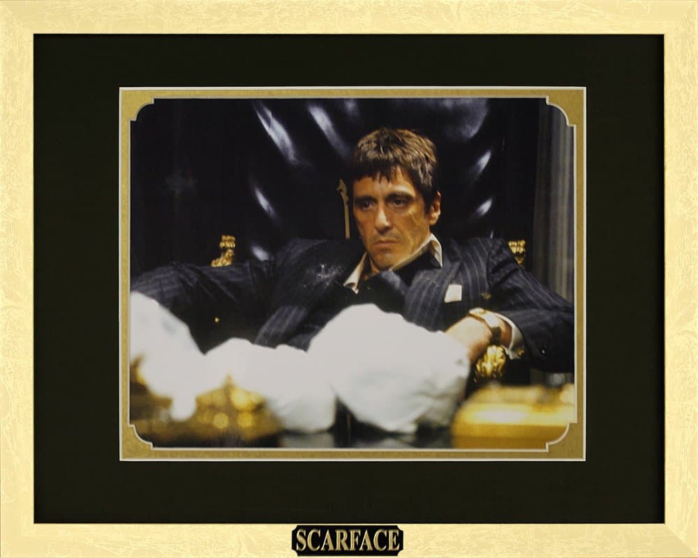 Scarface Movie Memorabilia Al Pacino as Tony Montana Framed Movie Photo with Plate Custom Made Real Wood Modern Gold Frame (15 1/2 x 12 1/2")