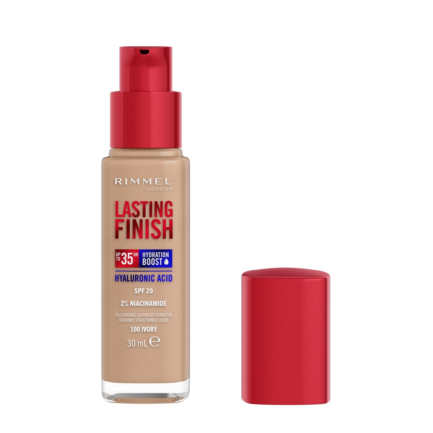 Lasting Finish 35Hr Foundation 100 Ivory, Full Coverage, Hydrating, SPF20, Hyaluronic Acid, Vitamin E, 2% Niacinamide, All Day Wear, Vegan, Cruelty Free