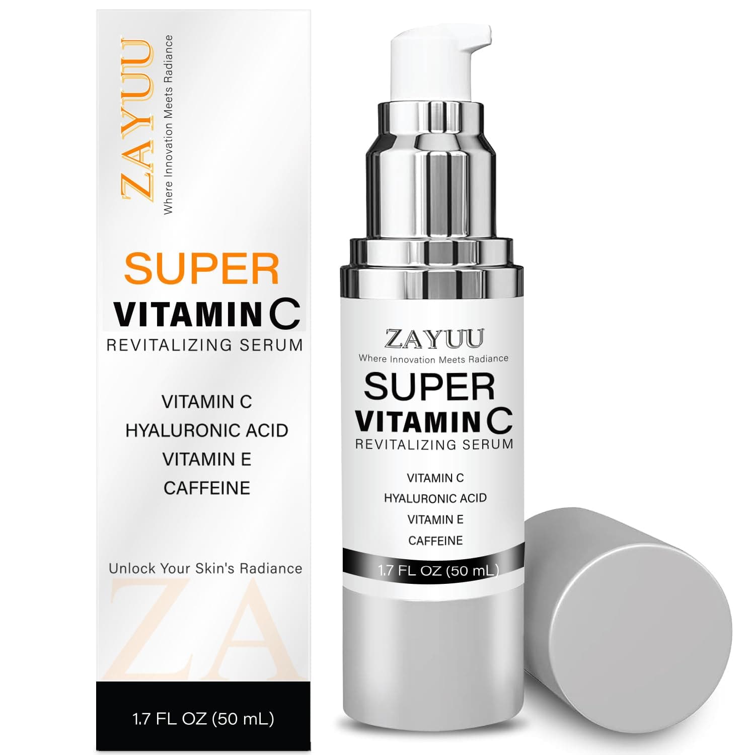 Super Vitamin C Face Serum for Mature Skin: Hydrating Brightening Formula - Vitamin C, Hyaluronic Acid, Vitamin E, Caffeine - Face Lift Serum for Wrinkles, Dark Spots - 1.7 fl. oz.