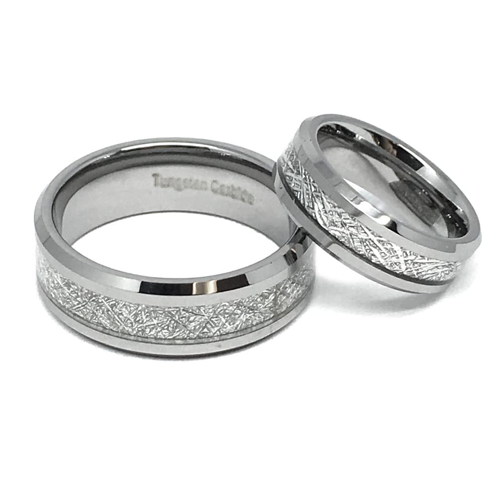 FashionBros Wedding Band Ring Set for Him & Her - 8MM/6MM Tungsten Carbide Beveled Edge with Meteorite Center Inlay