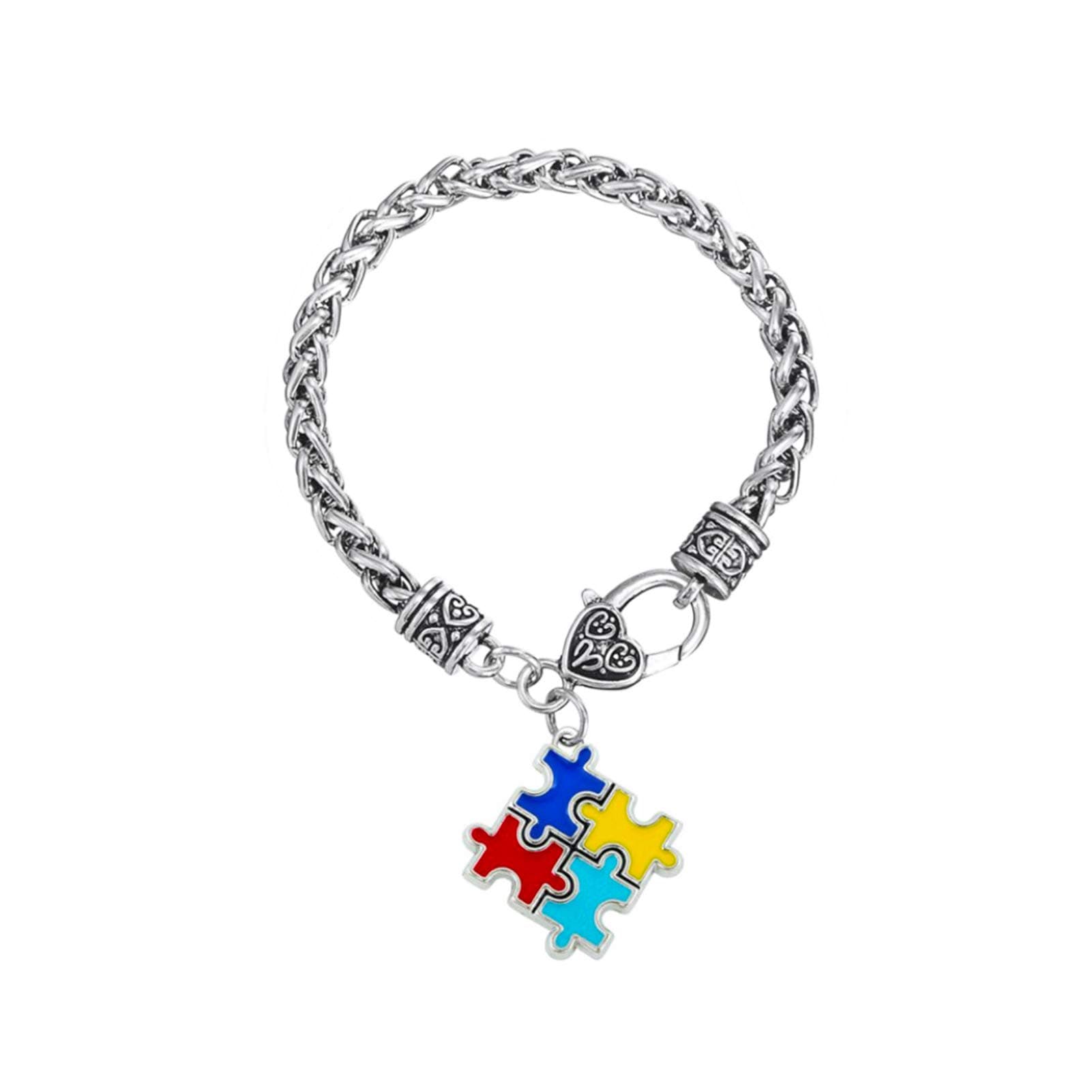 MiniJewelry Autism Awareness Puzzle Jigsaw Love Heart Cross Charm Bracelet for Women Mom Sister Daughter Brother Auntie Wife Husband Family