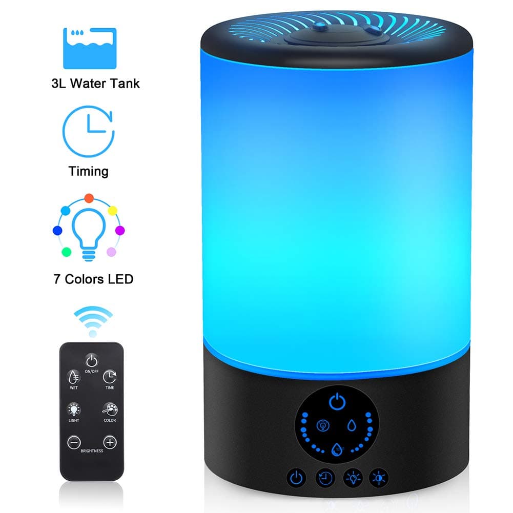 Cool Mist Humidifier, 3L Top Fill Ultrasonic Humidifier for Bedroom with 7 Colors Night Light and Remote Control, Adjustable Mist Levels, Optional Timer, 6 Dimmer, Super Quiet Operation (Black)
