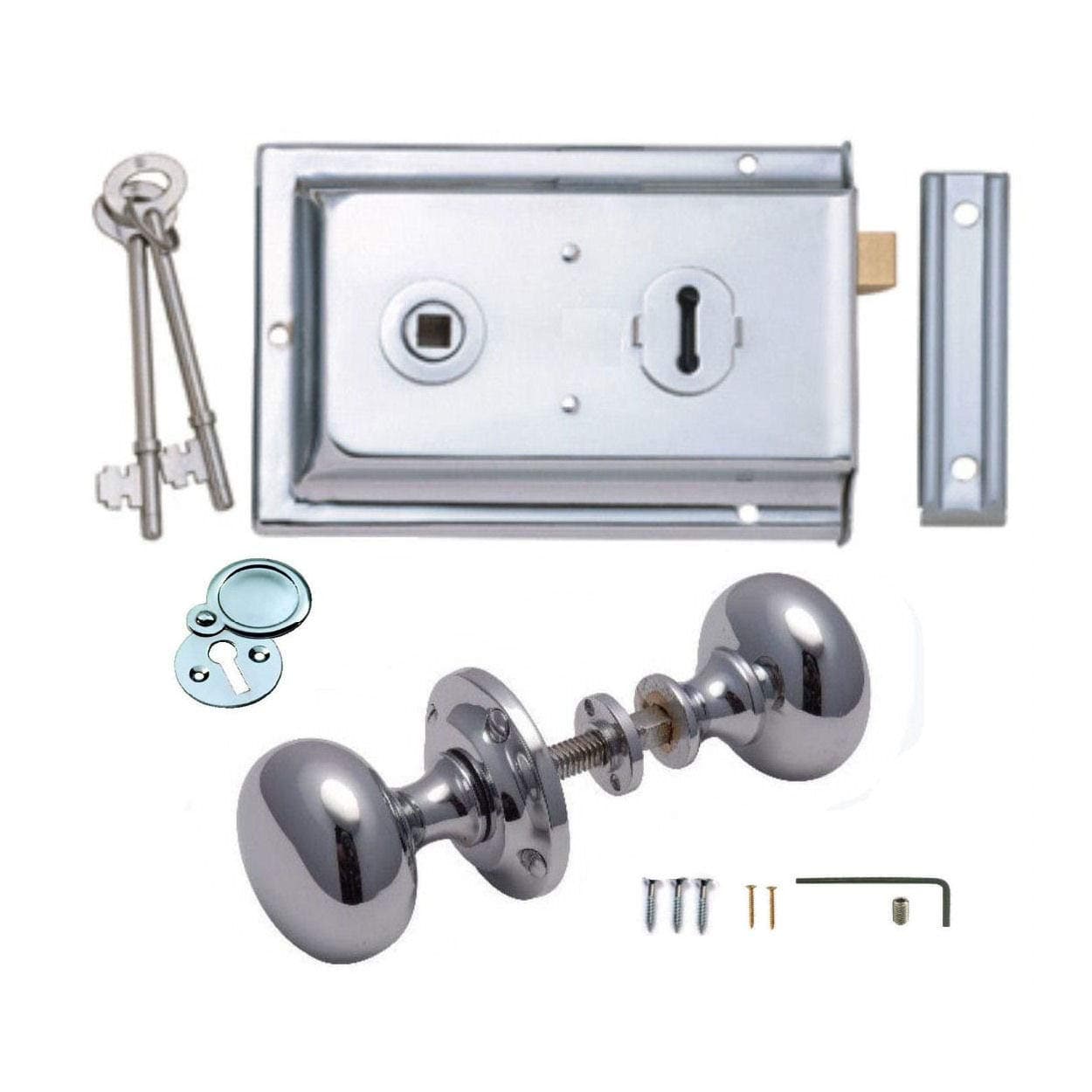 Polished Chrome Victorian Mushroom Rim Door Knobs & Rim Sash Lock Set