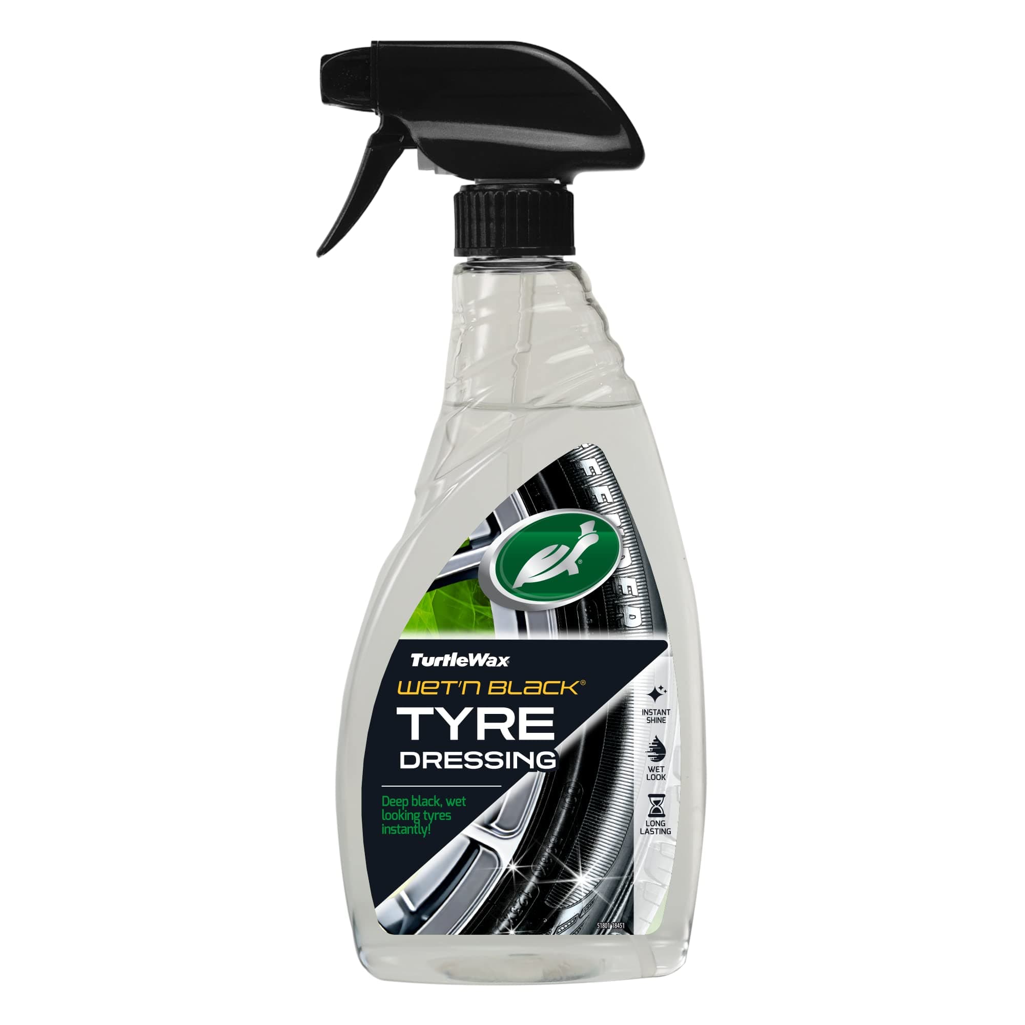 Turtle Wax Wet N Black Tyre Dressing, Instant Deep Black Wet Look & Long-Lasting Shine, 500 ml Car Tyre Cleaner & Shine Spray