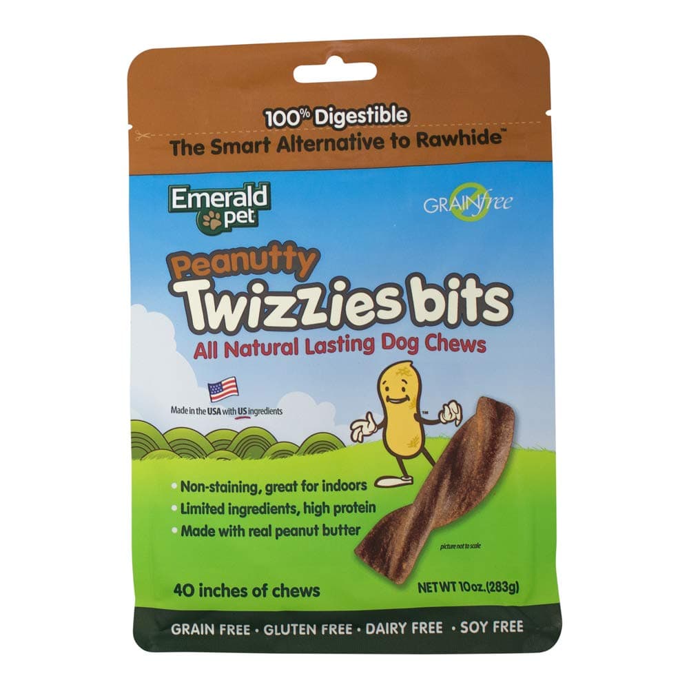 Emerald Pet - Dog Chews, Peanut Butter Chew Treats, Rawhide Free, All-Natural Mini Chews, Lasting Dog Treat, Digestible, Grain-Free, Gluten-Free (Twizzie Bits Bag, 10 Ounce)