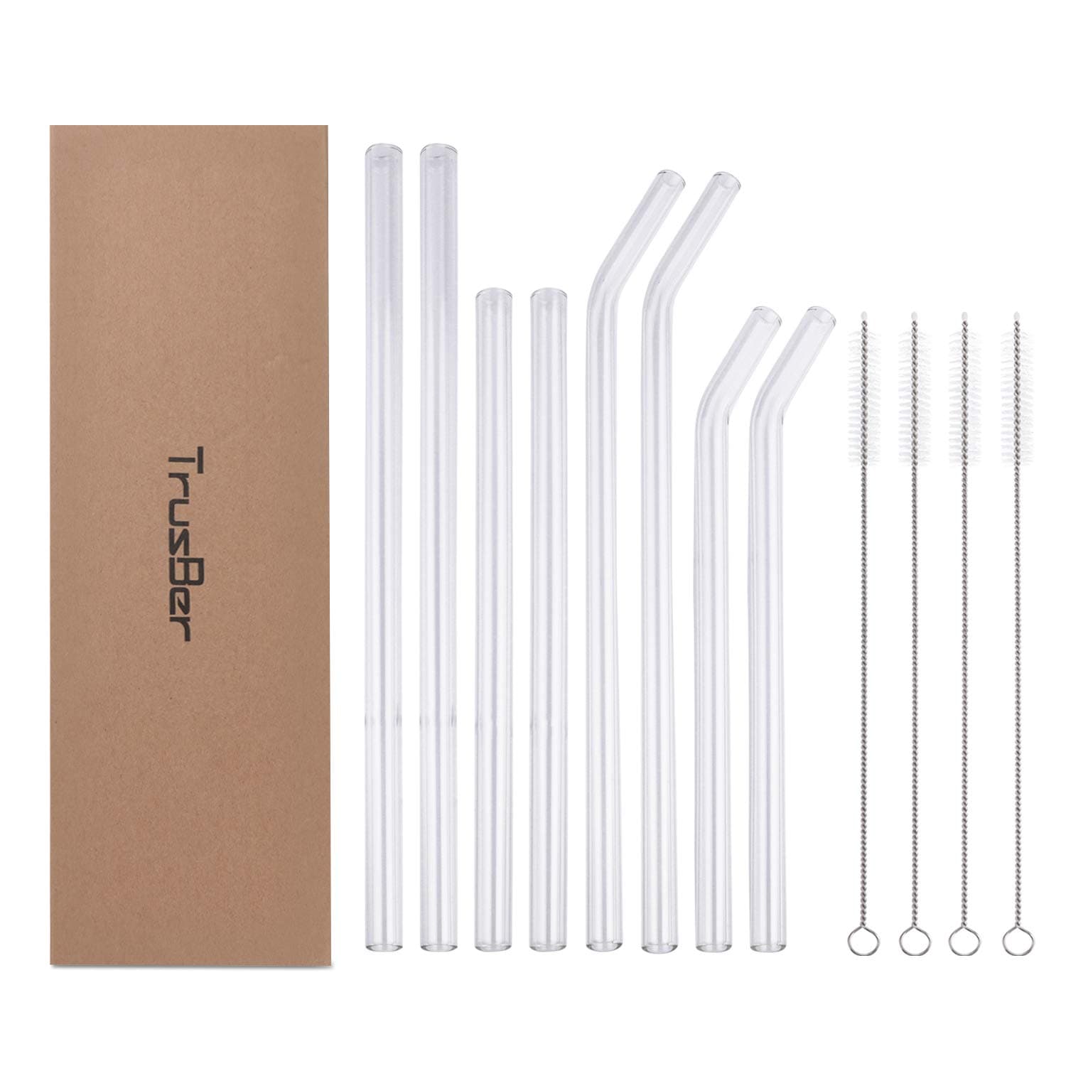 TRUSBER Clear Glass Straws, Thin Reusable Drinking Straws for Water Smoothies Coffee Tea, Elders & Kids Friendly, 10 & 8 Inches, Non-toxic(Pack of 4 Straight Straws + 4 Bent Straws + 4 Brushes)