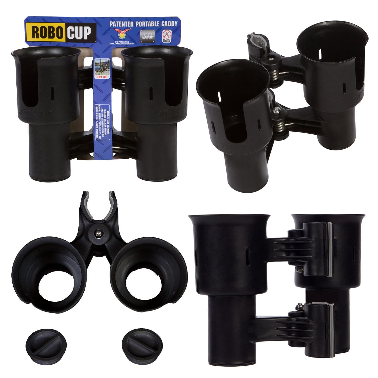 - ROBOCUP, Patented Boat Cup Holder, Clamp on Portable Storage Caddy Securely Holds 2 Drinks, Fishing Poles, Tools, Marine Gear | Perfect for Boating, Beach Umbrellas, Golf Carts