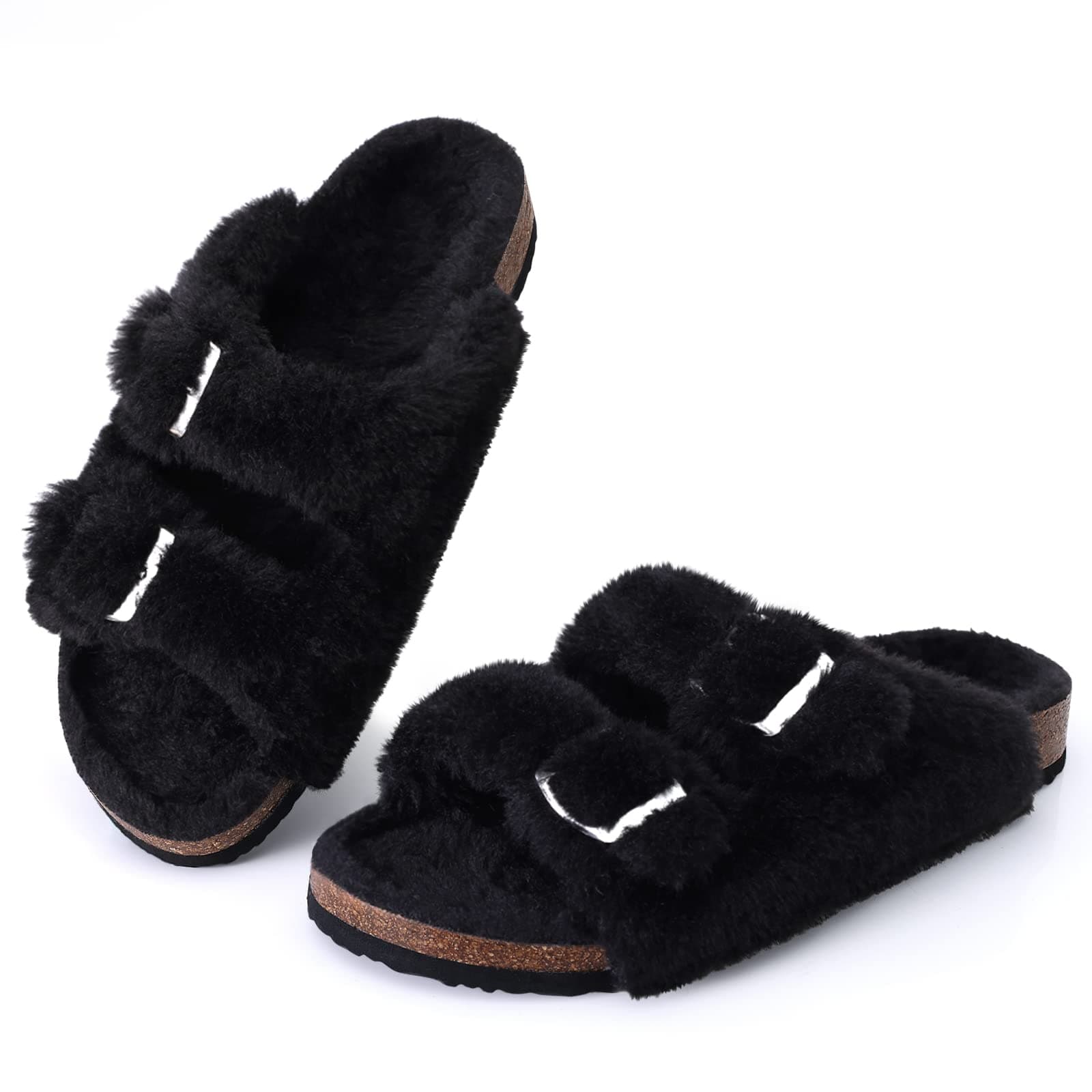 KIDMI Fuzzy Slippers Women with Cork Footbed Fluffy Slides Open Toe Indoor House Shoes | Arch Support | Adjustable Buckles