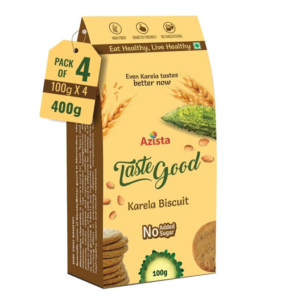 Taste Good Karela Biscuits High-Fiber, Sugar-Free, Cholesterol Free, Diabetic-Friendly Healthy Digestive Snacks, Bitter Gourd,Almond- 400 Gm(Pack Of 4)