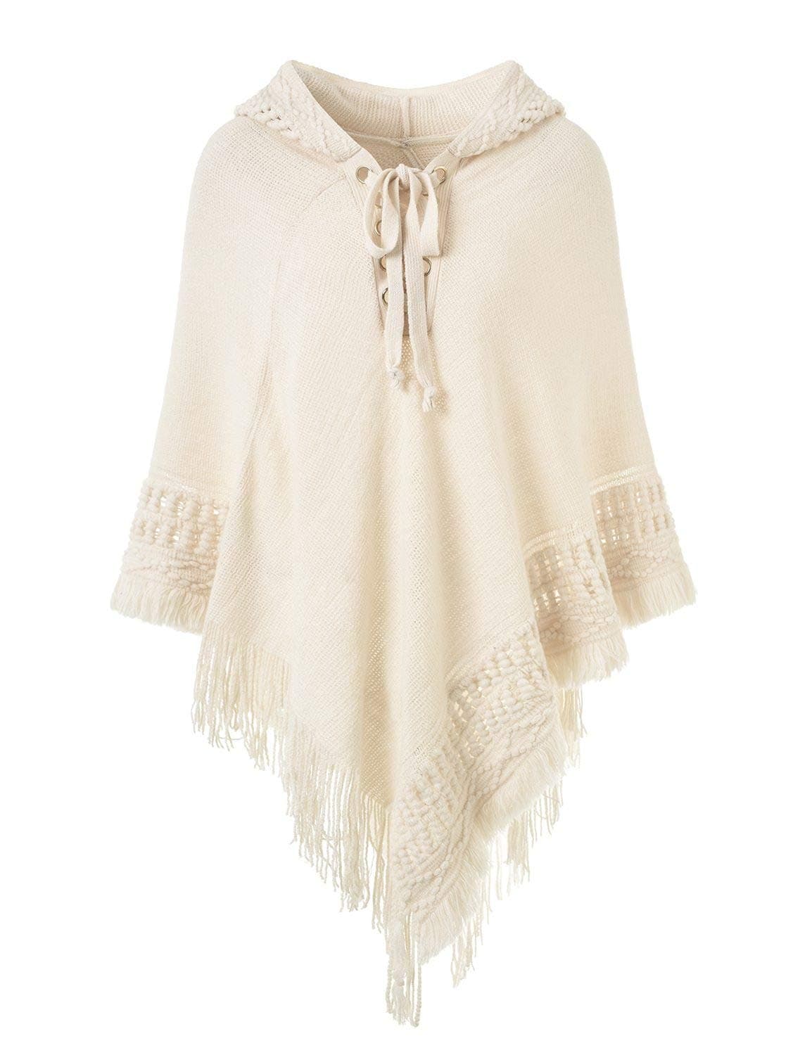 Ferand Women’s Crochet Knit Drawstring Hooded Poncho Sweater , One size , Upgraded Drawstring Style: Beige
