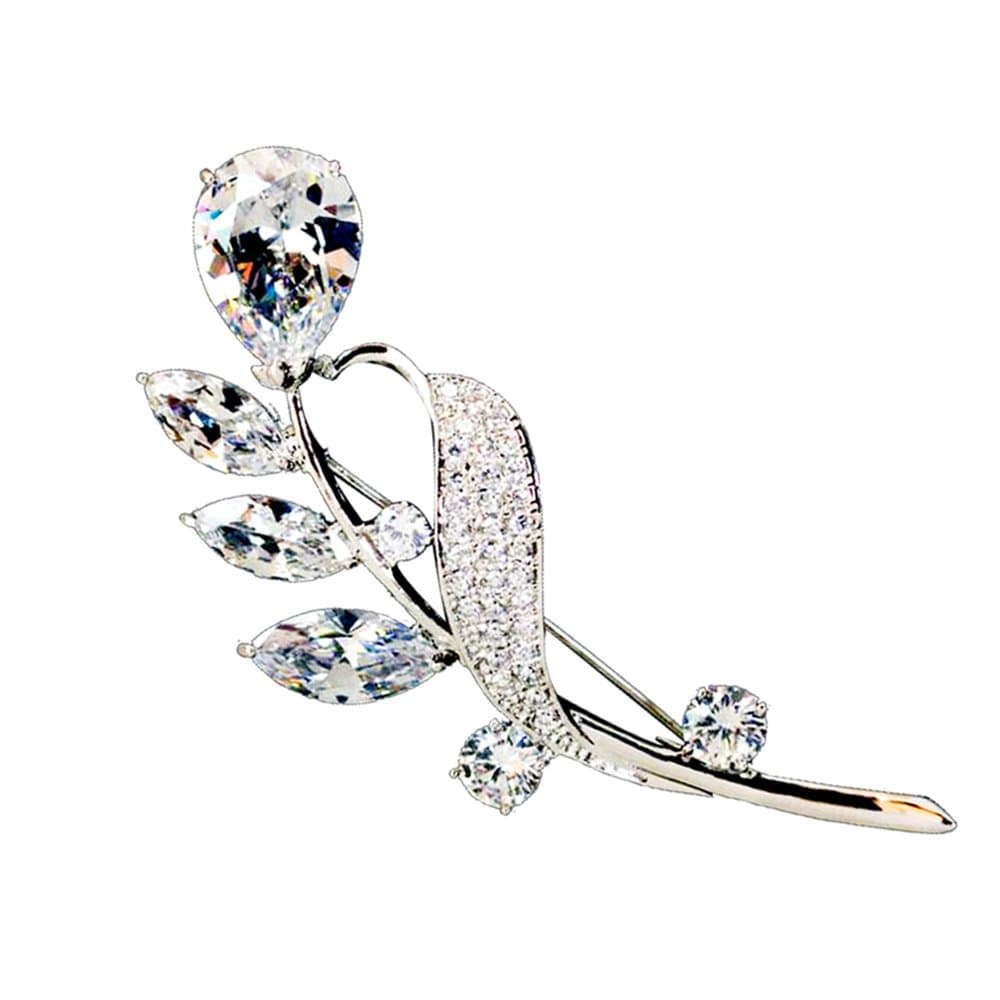 Hanie Women Brooch Silver Flower Pin White Cubic Zirconia with White Gold Plated Stainless Steel Chain can Also wear as Necklace Suitable for Dress Shirt Suit Sweater Coat as