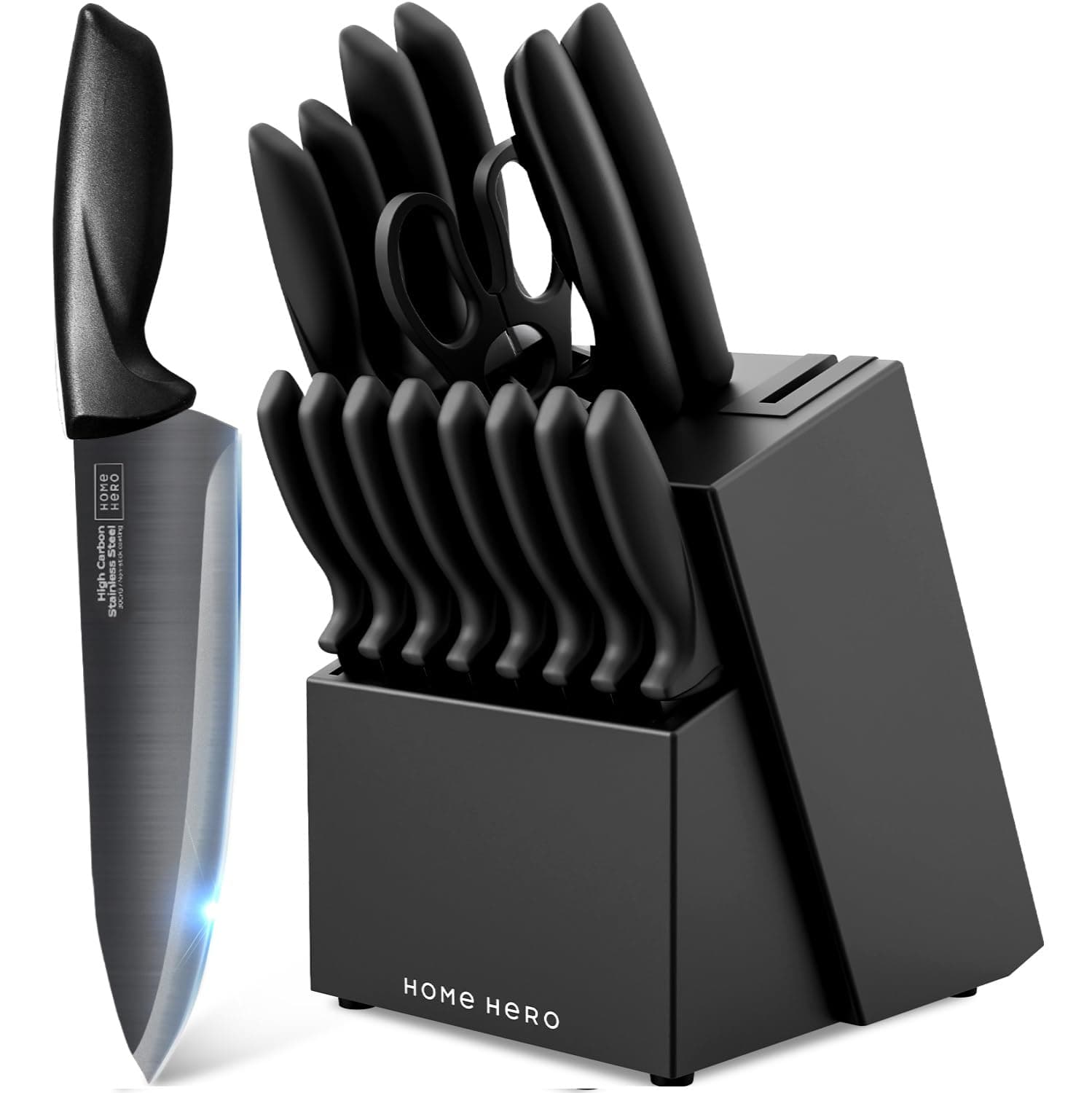Kitchen Knife Set with Sharpener - High Carbon Stainless Steel Knife Block Set with Ergonomic Handles (16 Pcs - Black)