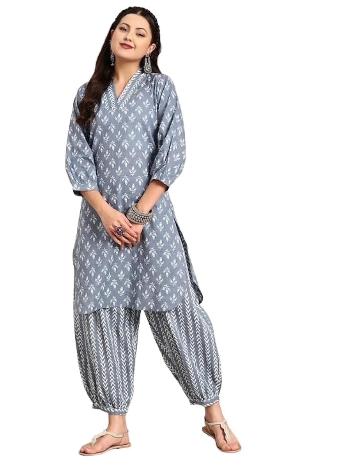Women's Trendy Printed Cotton Blend Straight White Color Kurta and Afghani Pant Set