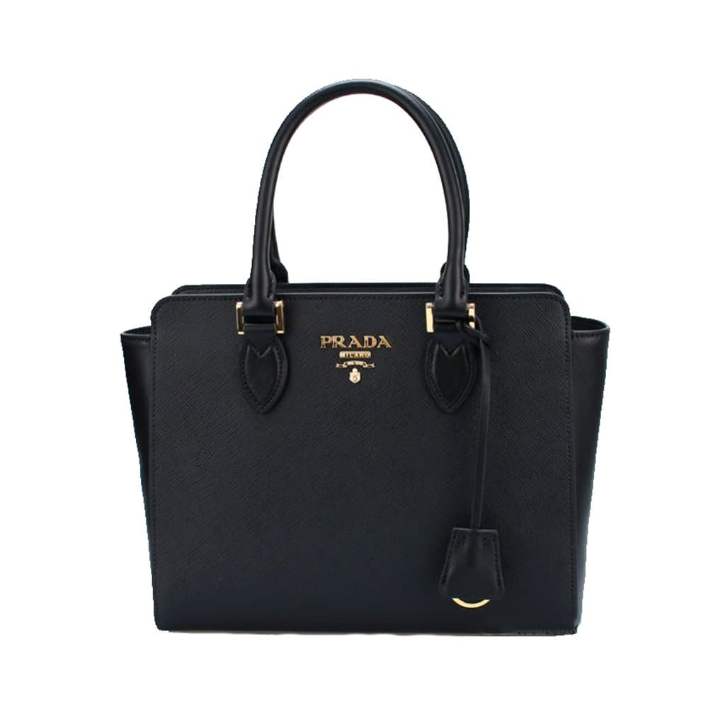 Prada Women's Saffiano Black Leather Shoulder Tote Handbag Medium 1BA113