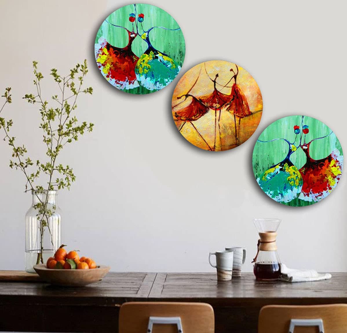 Studio Shubham Wooden Abstract Dancing Art Wall Plates for Hanging (7.5 Inch, Set of 3)