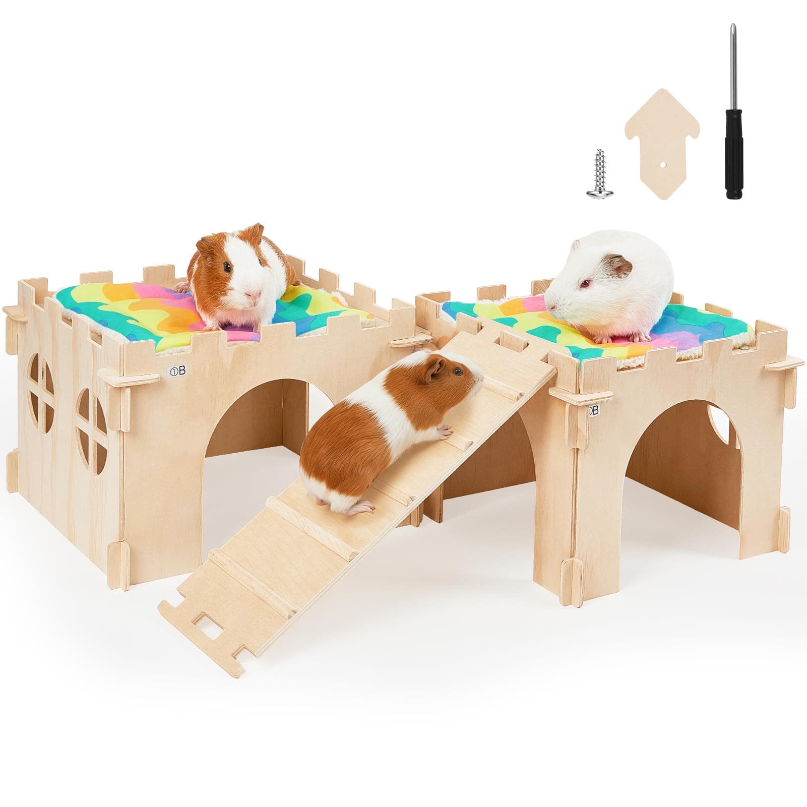 Guinea Pig Hideout, Guinea Pigs House with Stairs and Mats Extra Large Guinea Piggy Castle Detachable Hideouts for Small Animals Wooden Guinea Pig Habitats with Multiple Doors and Windows