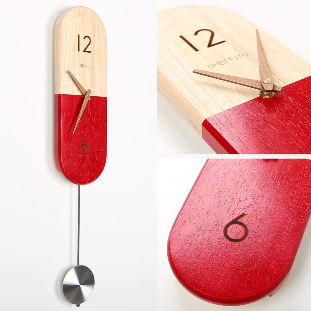 HROOME Modern Decorative Pendulum Wooden Wall Clock - Battery Operated Silent & Non-Ticking Large Fashion Clocks for Home Living Room Office Bedrooms Kitchen (Rose Red)