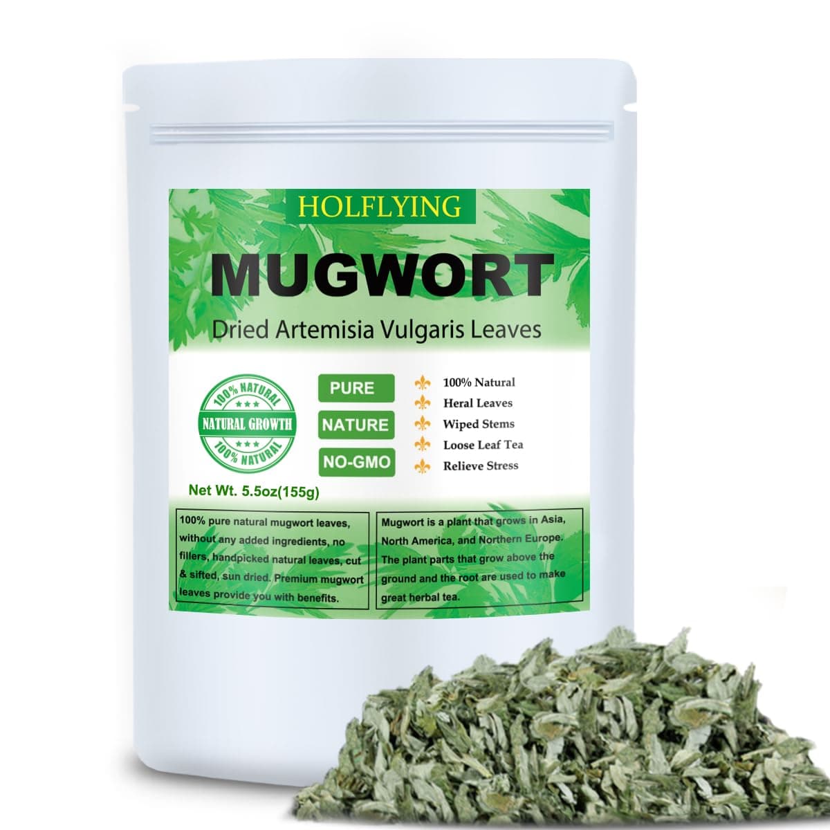 Holfcitylf Dried Mugwort Leaves, 5.5oz(155.0g), Mugwort Leaf, Natural Artemisia Vulgaris Herbal Loose Leaves