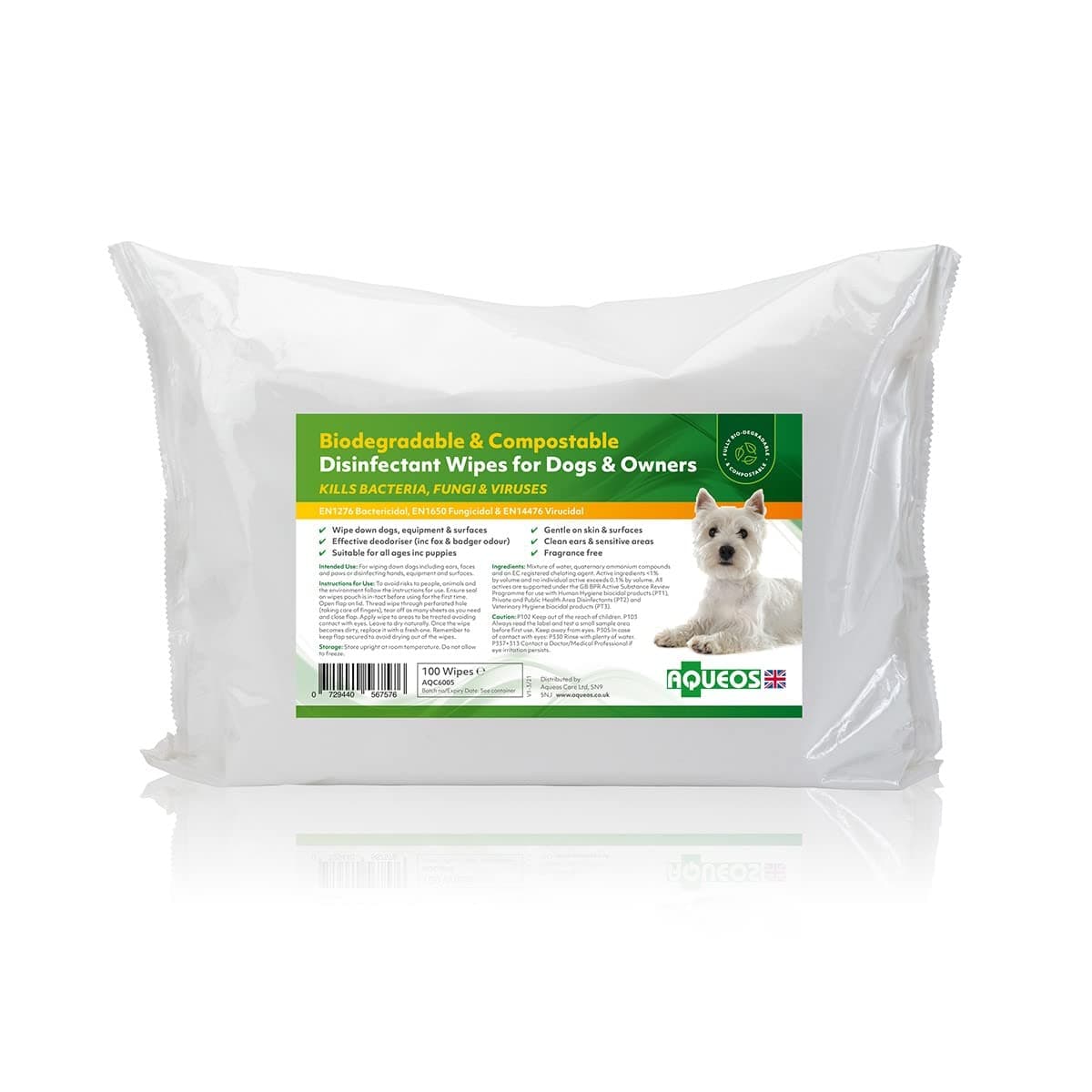 AqueosBio-degradable & Compostable Disinfectant Dog Wipes | Antibacterial, Antiviral, Antifungal | Dogs Coat | Collars & Leads | Ears, Face & Paws | No fragrance | Sensitive Dogs | Pack of 35 Wipes