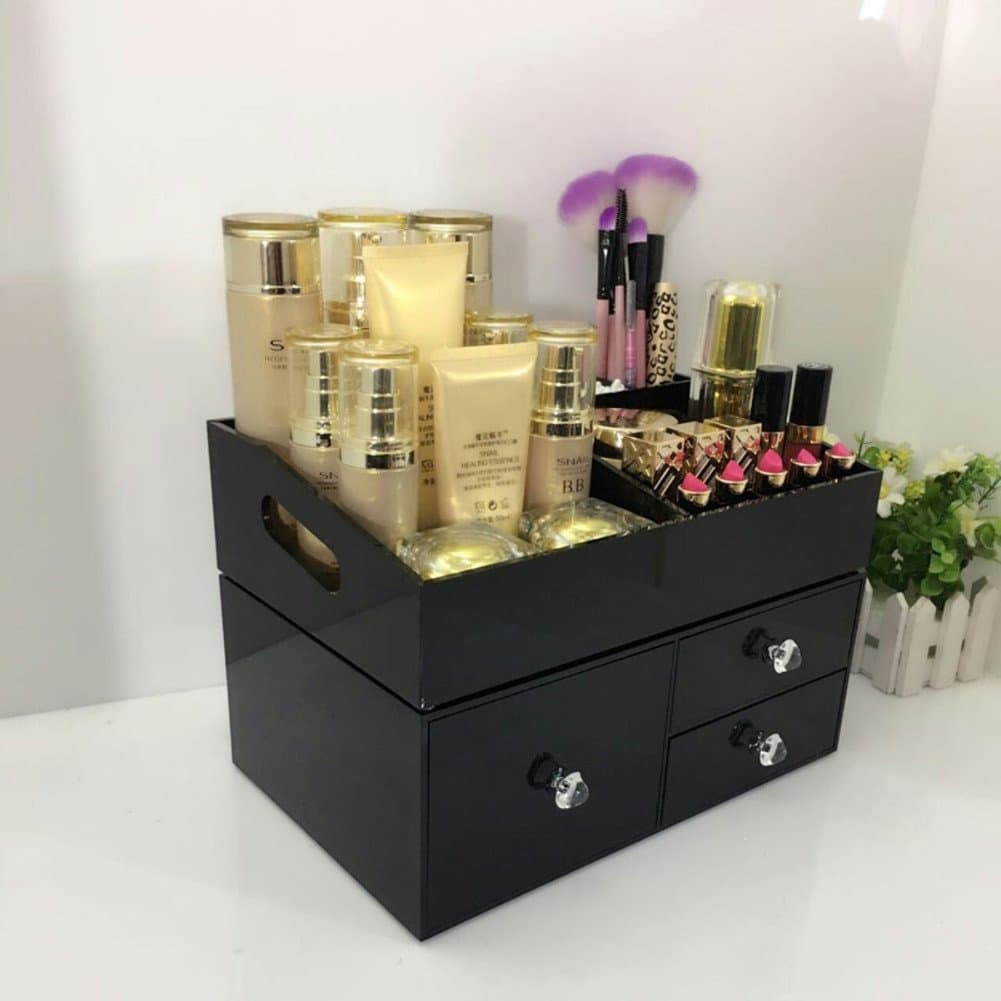 Cosmetic storage box bathroom makeup organizer makeup transparent white makeup brush storage drawer girlfriend gift surprise boys for girls lipstick holder storage box nail polish display rack multifunction shelf [black]-H