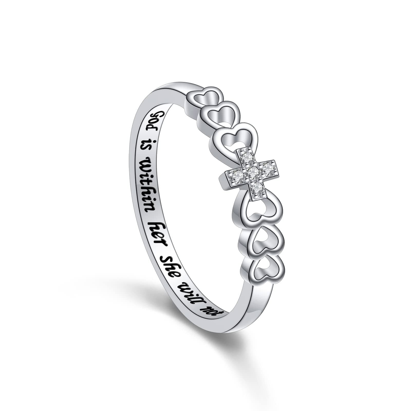 Alphm S925 Sterling Silver Christian Cross Heart Inspirational Faith Bible Verse Ring for Women Teen Jewelry