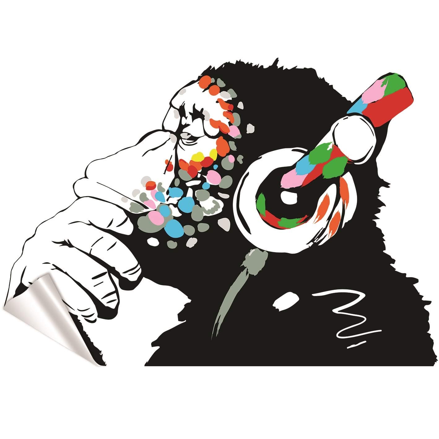 Banksy Wall Stickers - Large Banksy Monkey With Headphones Wall Art - DJ Chimp Thinker in Earphones Decal (200x138 cm)