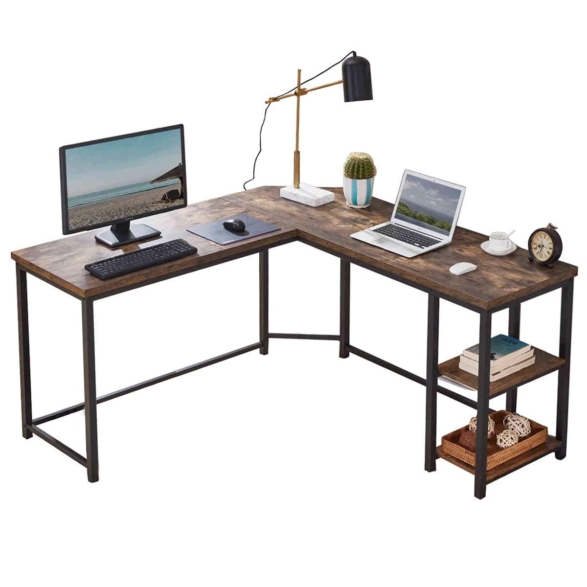 L Shaped Desk, Corner Wood L-Shaped Computer Desk with Storage Shelf for Home Office, 59in Vintage Brown