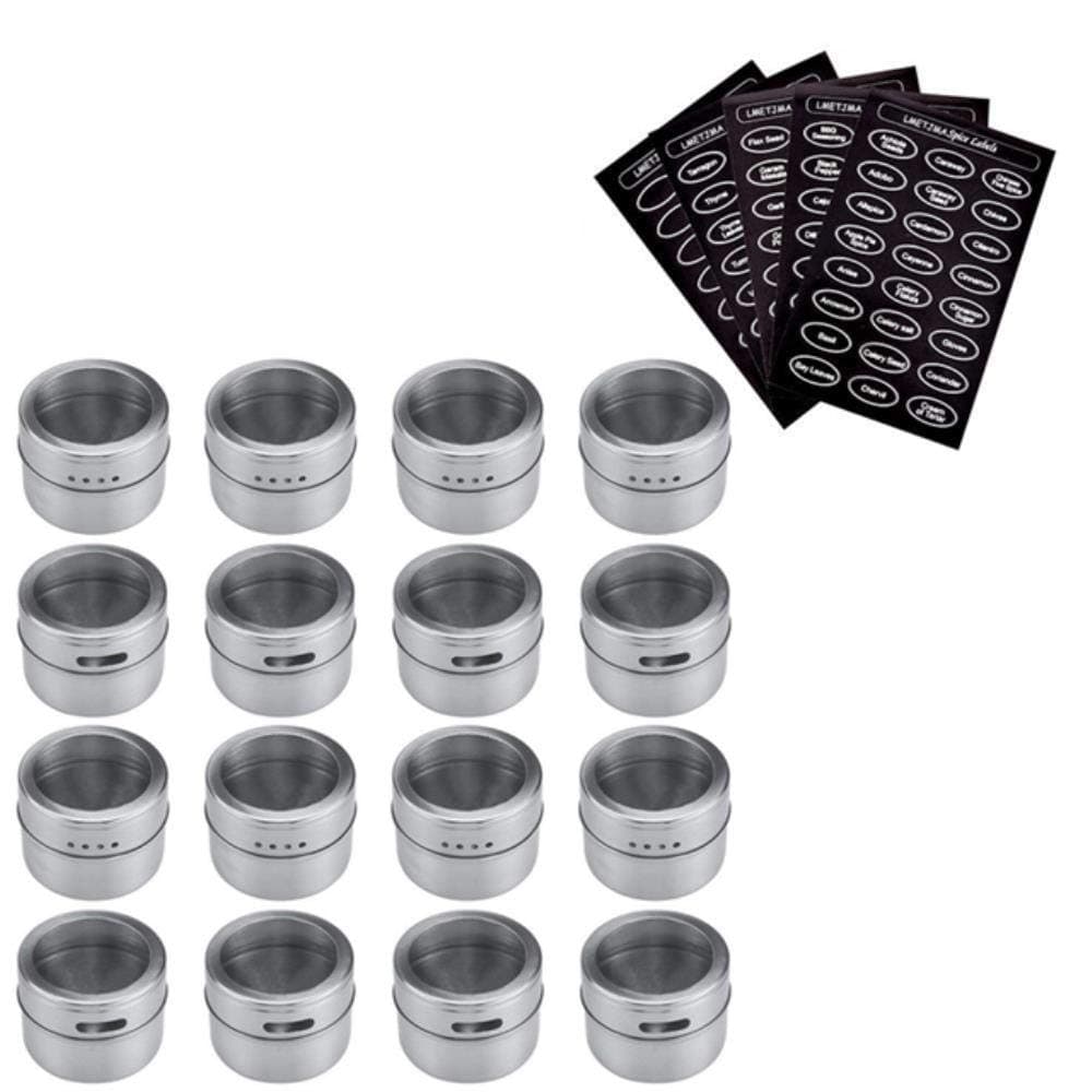 MNDR Magnetic Spice Jar Set With Stickers Stainless Steel Spice Tins Spice Storage Container Pepper Seasoning Sprays Tools,16 pcs