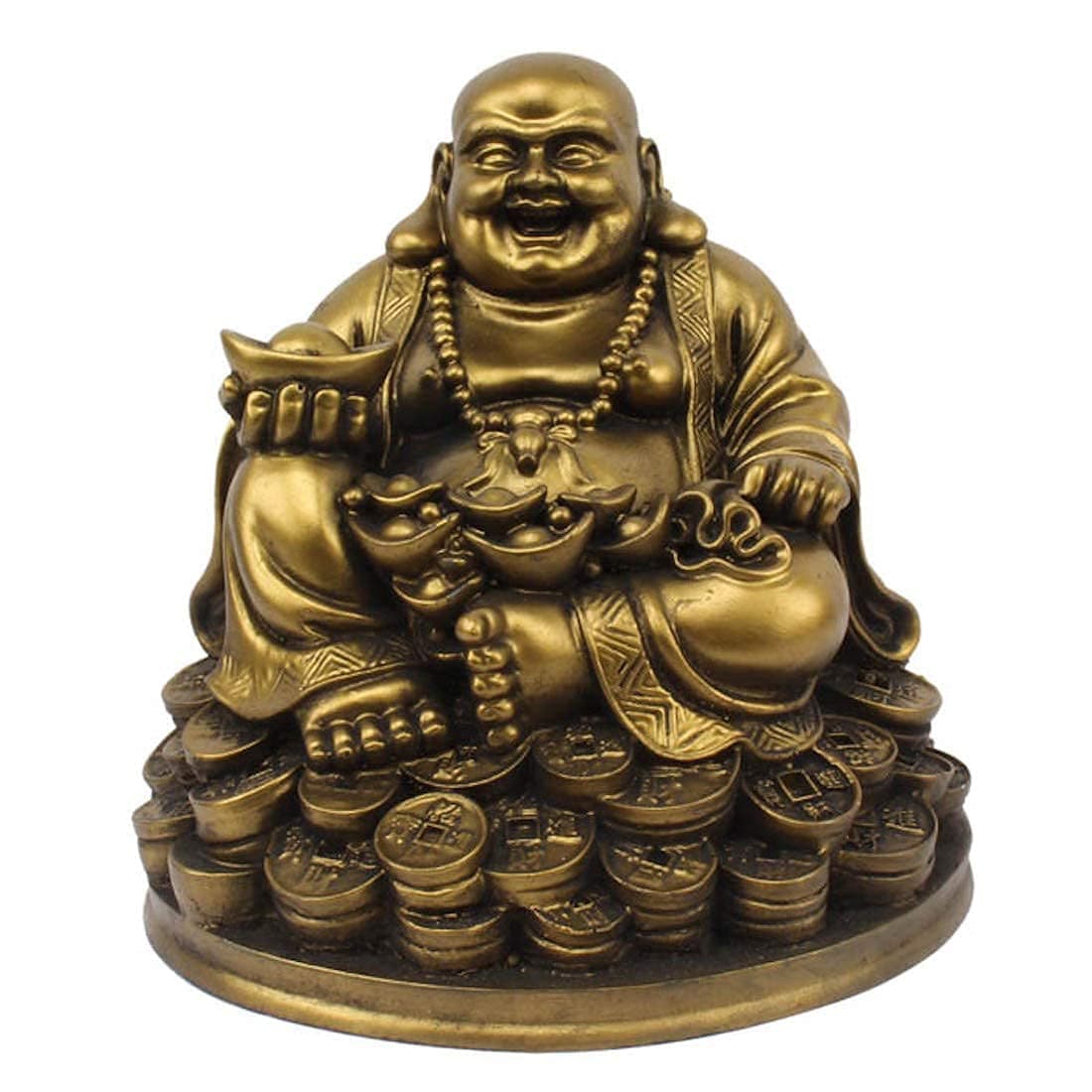 Fengshui Laughing Buddha Sitting on Lucky Money Coins Carrying Golden Ingot for Good Luck & Happiness (5 Inches)