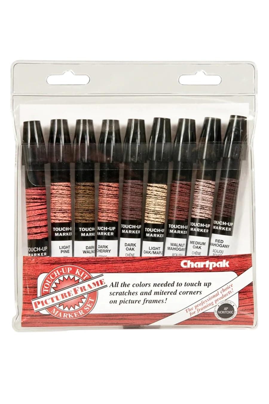 Chartpak Wood Frame Touch-Up Markers, Tri-Nib, 9-Woodgrain Color Set, 1 Each (FTM9)