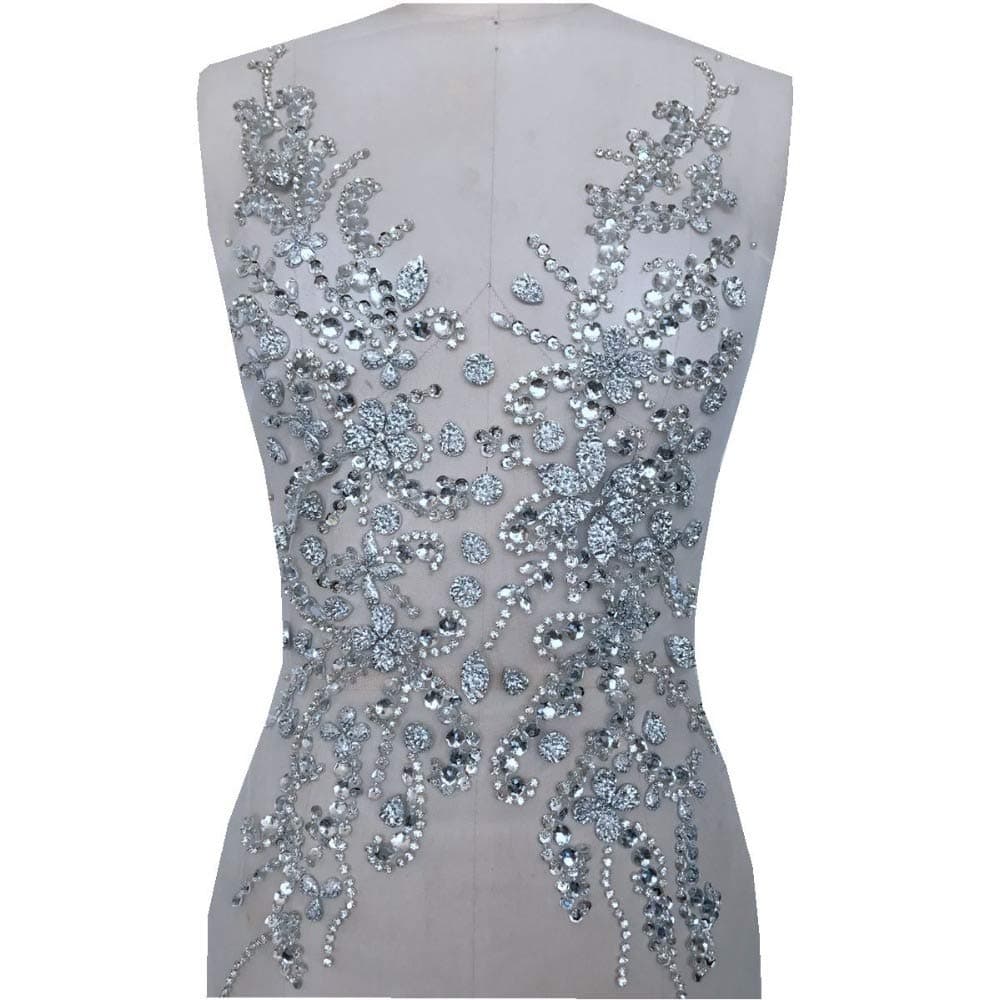 Zbroh Rhinestone Patches Handmade Trim sew on Stones Applique for Wedding Dress Hecho a Mano de apliques, parches en Malla para accesorios (Silver)