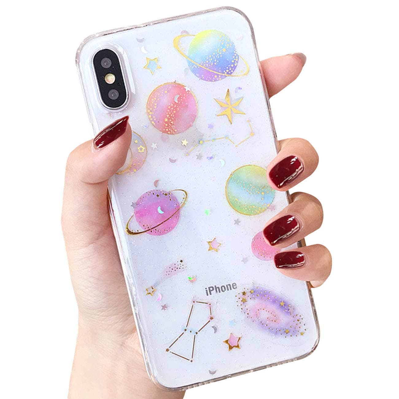 Clear Case for iPhone XR, Handmade Glitter Bling Sparkle Design with Gold Moon Stars Slim Soft TPU Case Compatible with iPhone XR 6.1 Inch