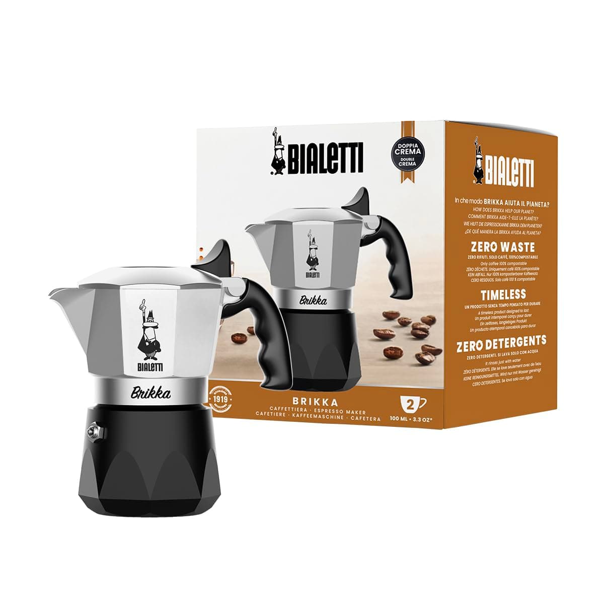 Nuova Brikka 2 Cups (2023 Edition) – Authentic Italian Moka Espresso Maker with Creamy Foam, Pressure Valve Technology & Iconic Italian Design