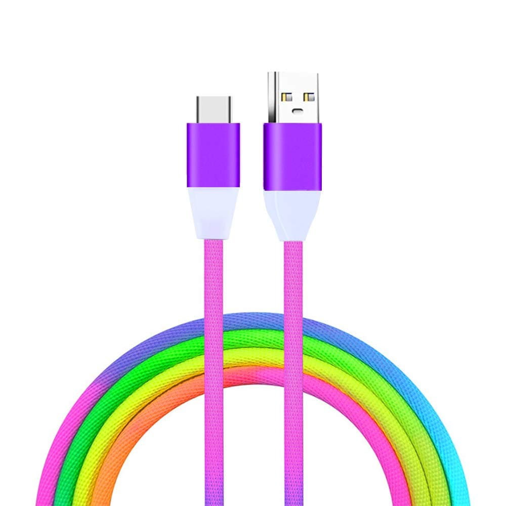 USB Type C Cable Rainbow 3ft, Pinfox USB C Cable Colorful Nylon Braided Purple USB C to USB A Fast Charging Cord Compatible Galaxy S9 S8 Note 8, LG V20 V30 G5 G6, Axon 7 Blade V8 (Rainbow-Purple)