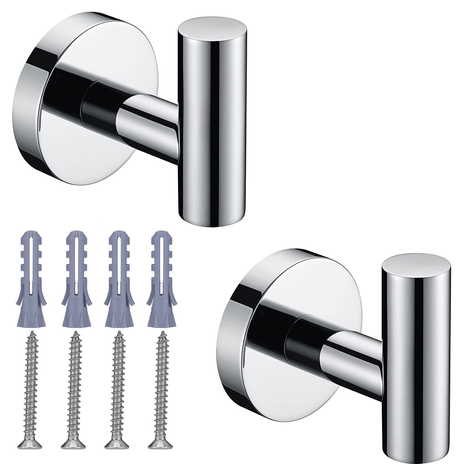Polished Chrome Towel Coat Hooks SUS304 Stainless Steel Bathroom Clothes Garage Hotel Cabinet Closet Sponges Robe Hook Wall Mounted Round Kitchen Heavy Duty Bath Door Hanger 2 Pack