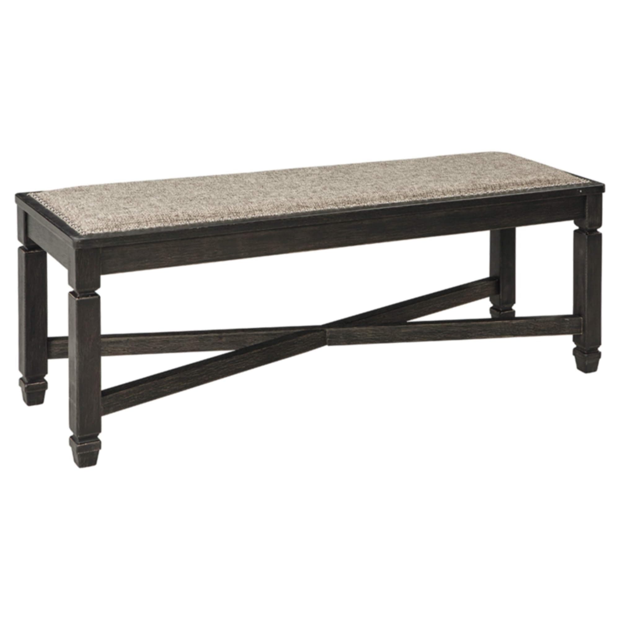 - Tyler Creek Farmhouse Upholstered Dining Room Bench with Tapered Legs, Heavy Woven Fabric, Wood, 19.5" High Seat, Black & Gray