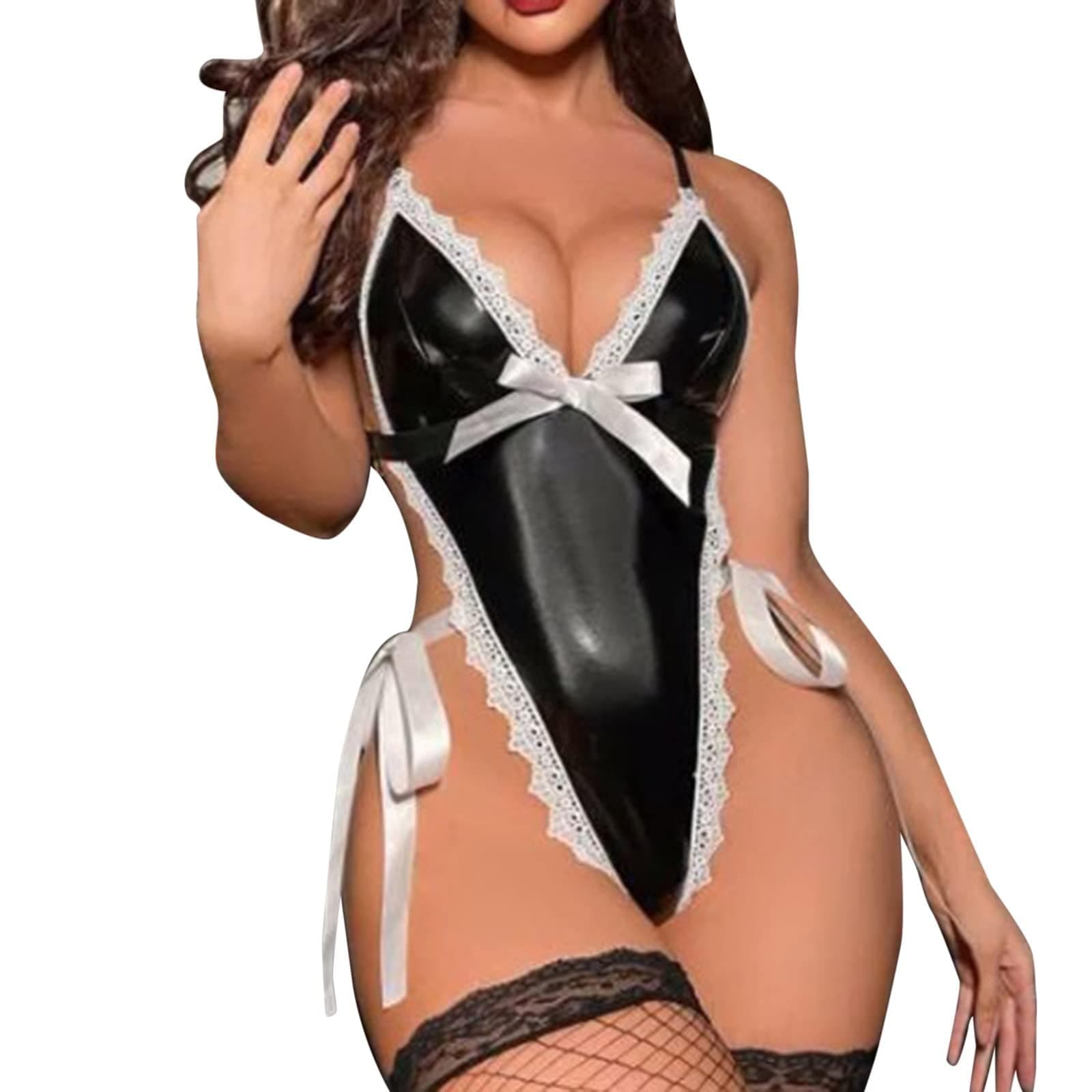Women’s Wet Look Teddy Lingerie Leather Lace Trim Backless Bodysuit Sexy Maid Cosplay Outfit Deep V High Cut Leotard Servant Roleplay Halloween Costume Clubwear