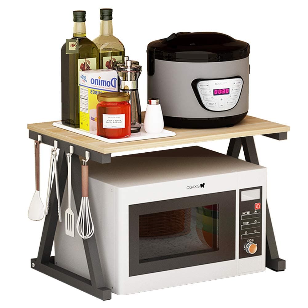 Haotrend Microwave Shelf, Microwave Stand Kitchen Counter Shelf Organizer, Spicy Shelf Rack Toaster Organizer, Microwave Oven Rack, 2 Tiers with Hooks (Light Beige Board + Black Metal Frame)