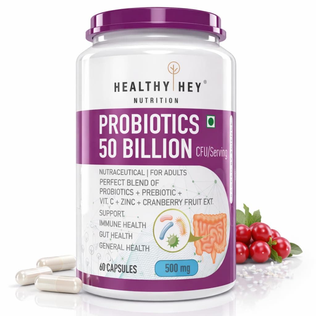 Healthy Hey Nutrition Probiotics 50 Billion CFU Multi- Strains, 60 Veg. Capsules, Targeted Release Technology, Stomach Acid Resistant, No Need for Refrigeration, Non-GMO, Gluten-Free