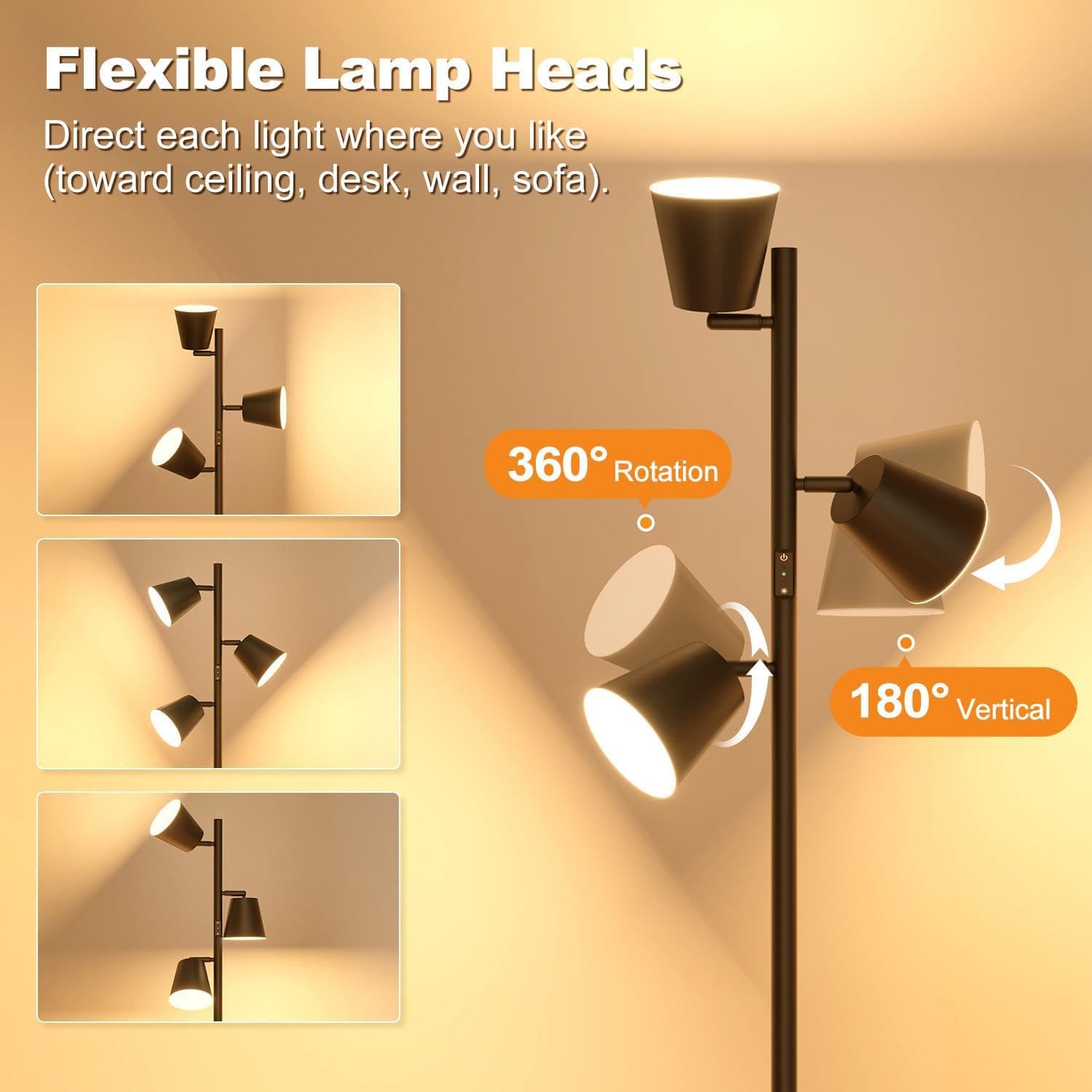 【Upgraded】LED Tree Floor Lamp, 36W Dimmable 2500 LM Modern Standing Lamp with Remote & Touch Control, 4 Color Temperatures, 3 Rotatable LED Light Floor Lamps for Living Room Bedroom Office-Matte Black