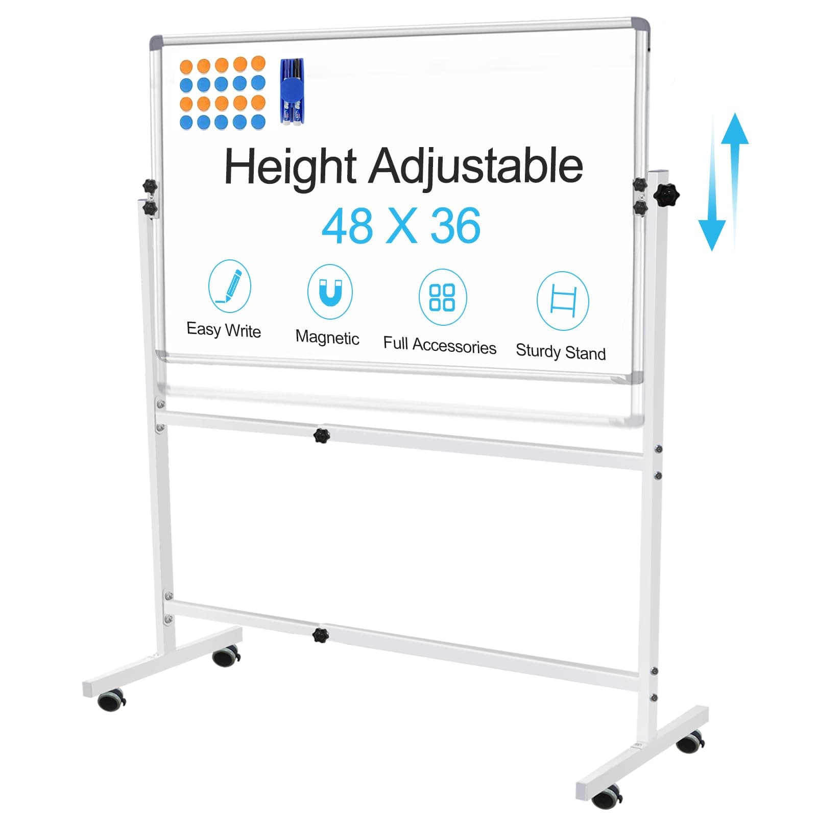 Dry Erase Board with Stand 48"x36", Height Adjustable Rolling Magnetic Whiteboard on Wheels Big White Board with Stands, Mobile Standing Whiteboard with 1 Eraser, 2 Markers and 20 Magnets