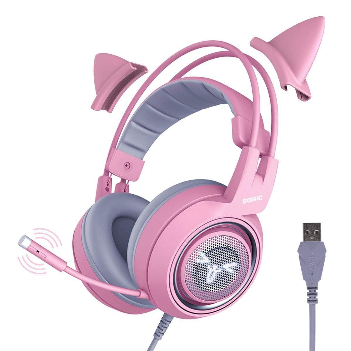 SOMIC G951pink Gaming Headset for PC, PS4, Laptop: 7.1 Virtual Surround Sound Detachable Cat Ear Headphones LED, USB, Lightweight Self-Adjusting Over Ear Headphones for Girlfriend Women
