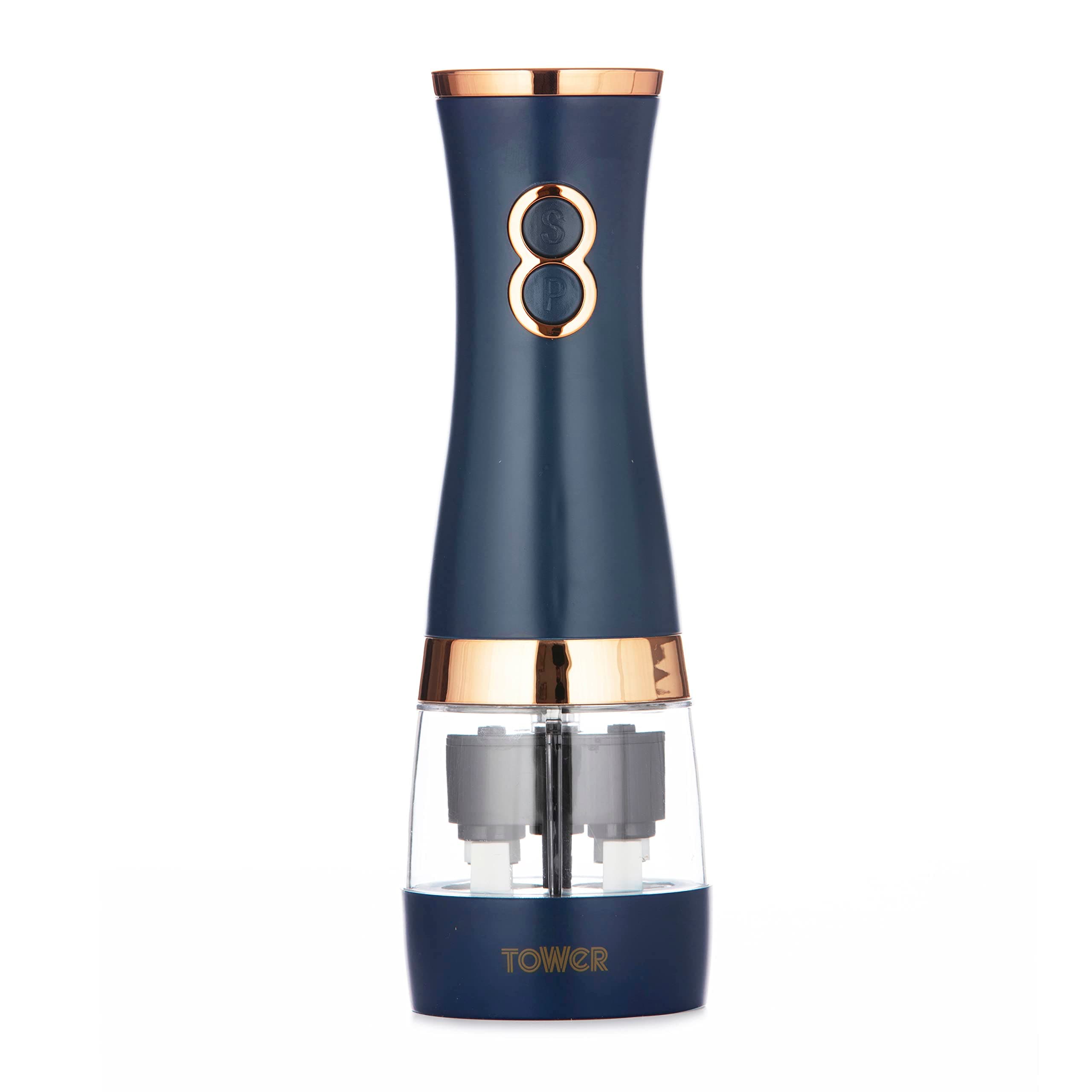 Electric Salt and Pepper Mills, Battery Operated with Adjustable Ceramic Grinders, Midnight Blue and Rose Gold