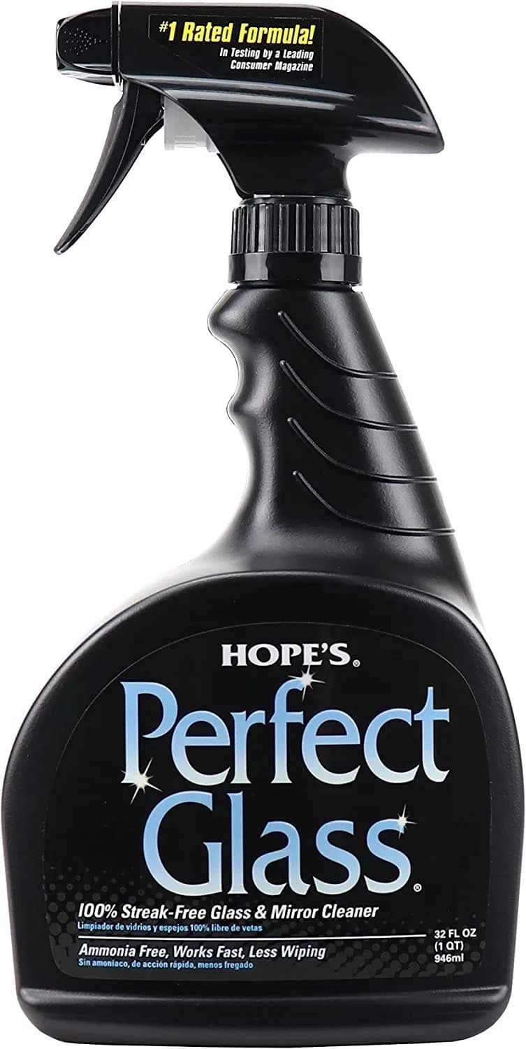 - HOPE'S Perfect Glass Cleaner Spray, Streak-Free, Ammonia-Free Window, Mirror, Screen, Tinted Glass, and Shower Door Cleaner, Indoor and Outdoor Glass Surfaces, 32 Fl Oz, Pack of 1