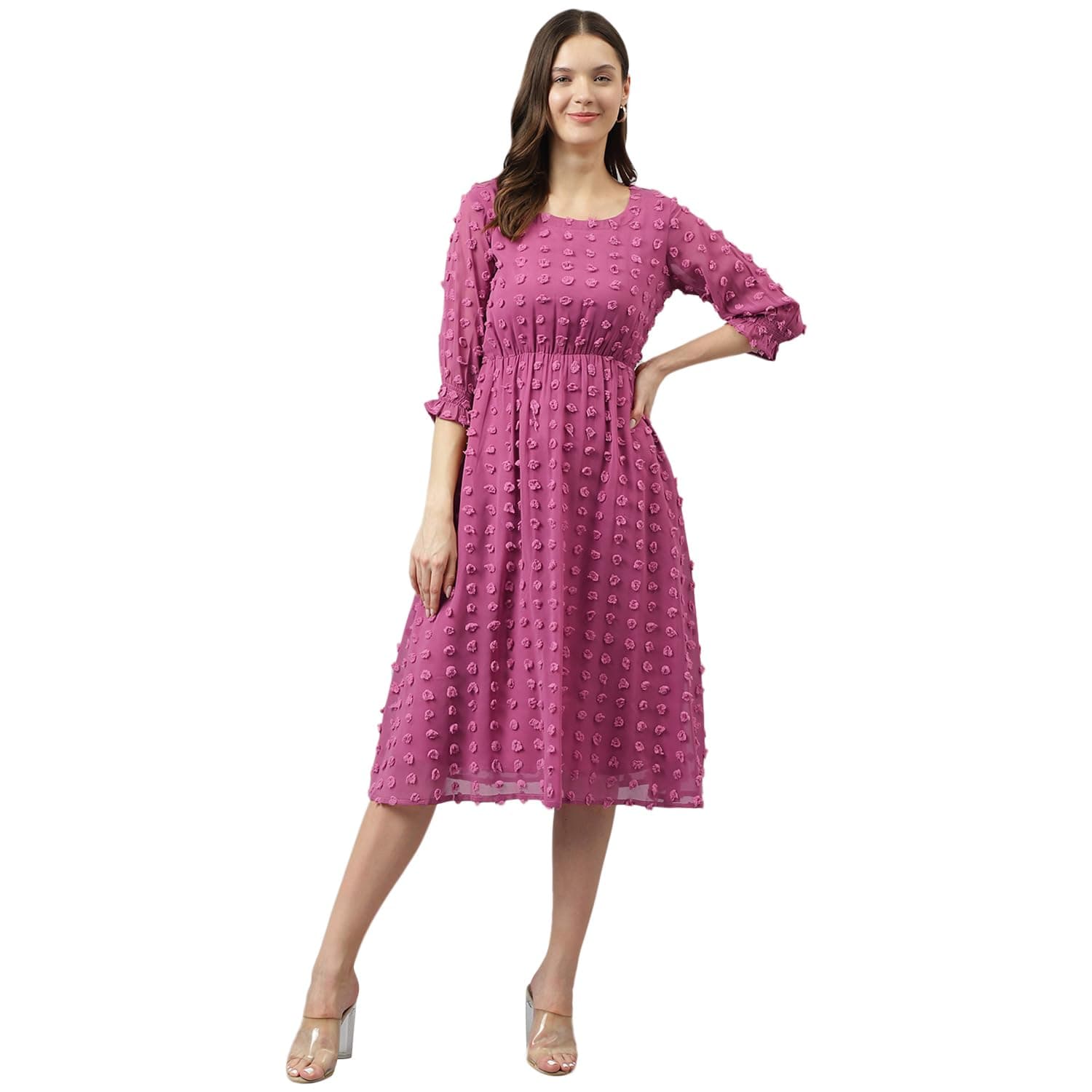 Women's Pink Dobby Georgette Woven Fit & Flared Western Dress | Dress for Women | A line Dress | Winter Dress | Western Dress | Latest Women Dress | Trendy Dress | Midi Dress