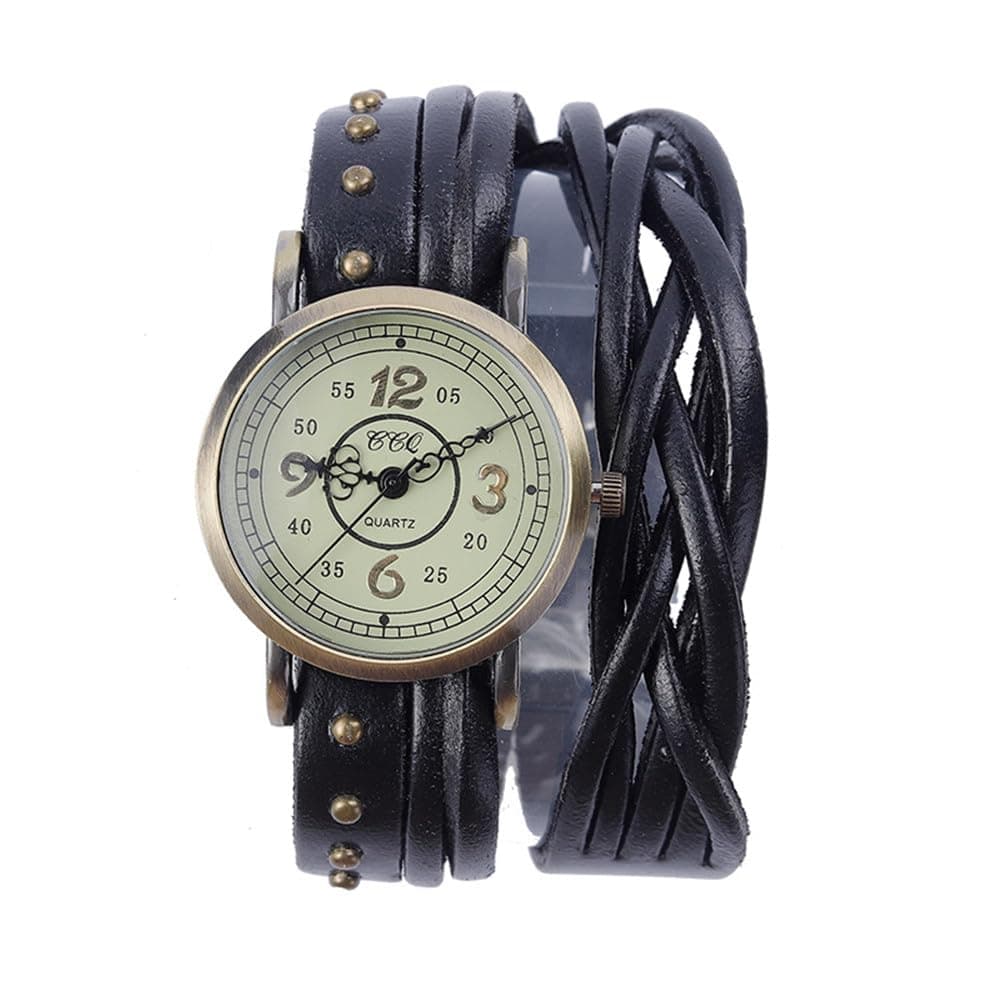 MINILUJIA Genuine Leather Braided Strap Double Wrap Aound Watch for Women Vintage Bohemian Style Bronze Small 26mm Roman Number Dial Adjustable Wrap WatchBrown