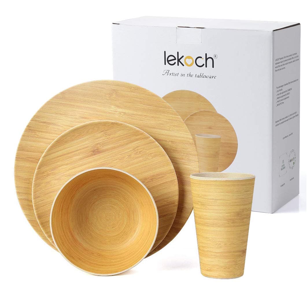 Lekoch Bamboo Dinnerware Set,Tableware 4-Piece(Dinner & Salad Plate Cup Bowl) (1 Guest (Wood Grain))