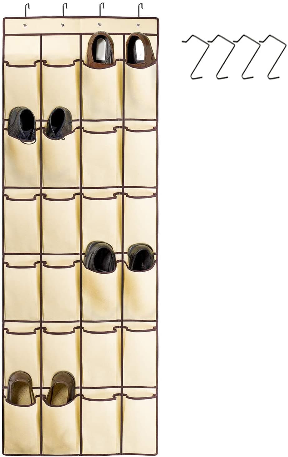 Over The Door Shoe Organizer | 24 Large Pockets with 4 Hooks | Heavy Duty Fabric | Hanging Shoe Rack Over The Door | Hanging Shoe Organizer for Closet Shoes Storage | Hang On Behind Back