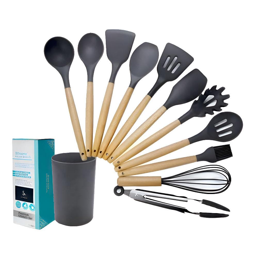SJ TRADERS Kitchen Utensils Set with Holder, Novelty Mothers Day Gifts for Mum, Non-Stick and Heat Resistant with Wooden Handle, Non Scratch Silicone Kitchen Utensils Set (Wooden Grey, 12 Pcs)
