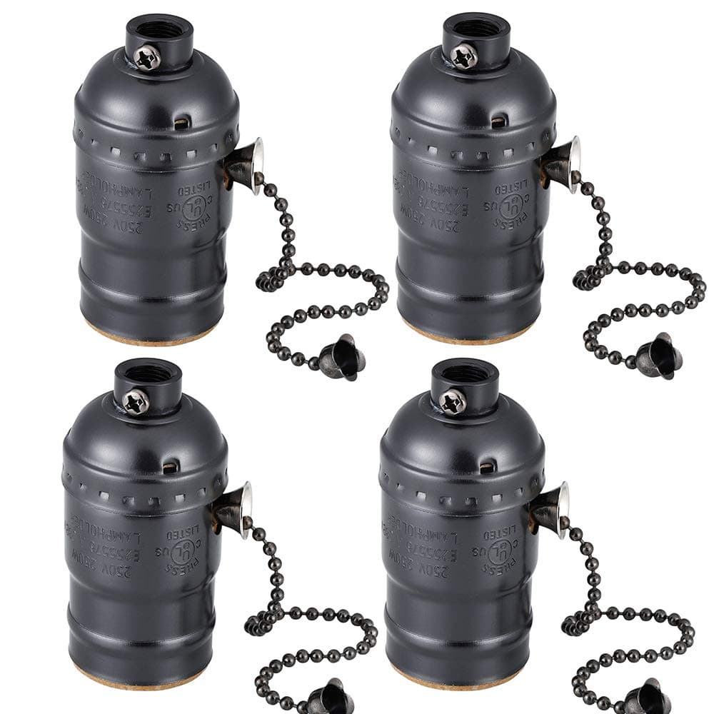 E26 Vintage Light Socket,Standard Medium Screw-in Lamp Socket Holder for Edison Bulbs-4 Pack Vintage Black with Pull Chain